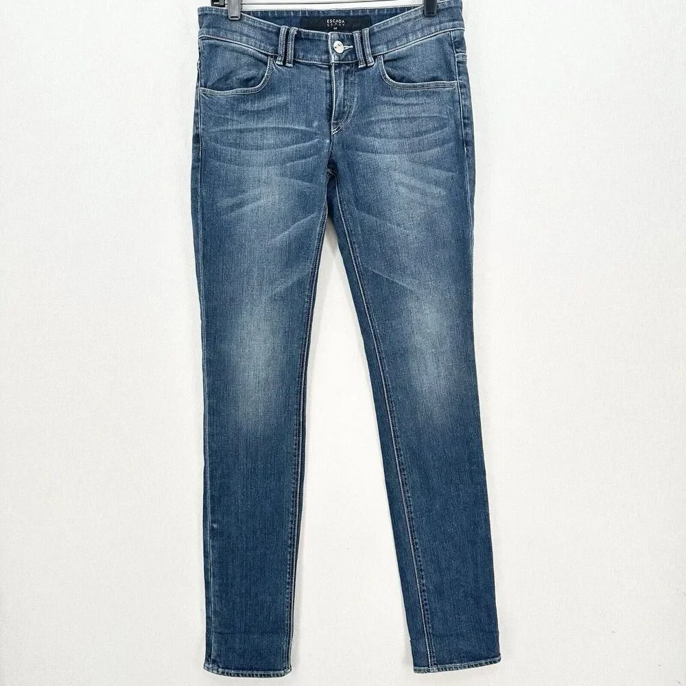 Escada Sport Selvedge Jeans Womens 6 EUR36 Skinny Blue Denim Tie Flaps Distress